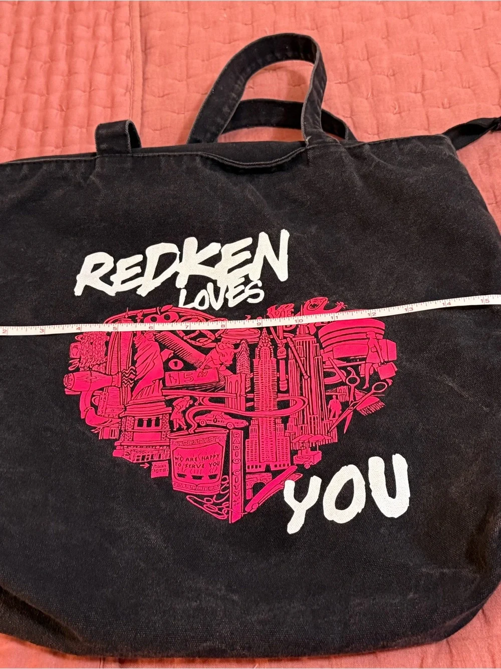 Redken Black denim Tote Bag with Pink Heart Graphic